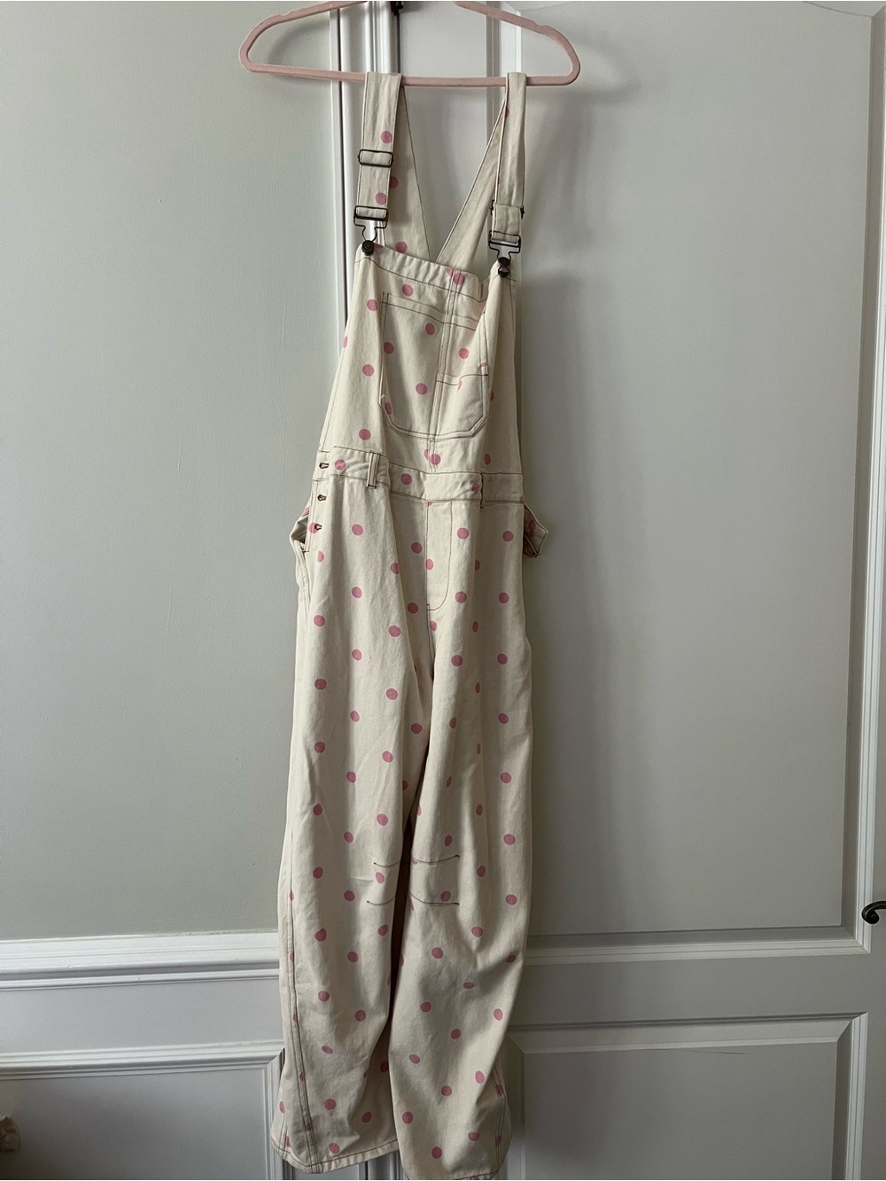 Cream Jumpsuit with Pink Polka Dots — Playful Overalls